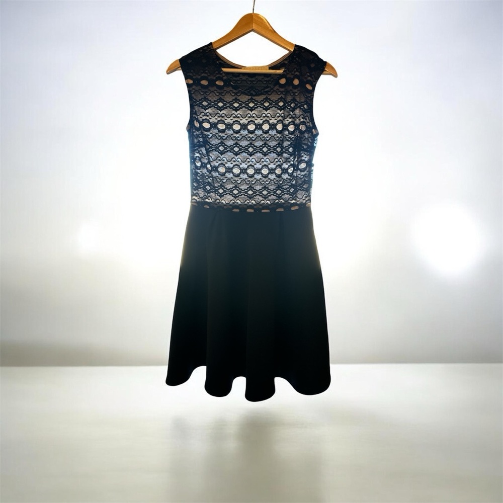 Black Midi Dress, Nude shell front under lace, Sheer lace in the back Size LP
